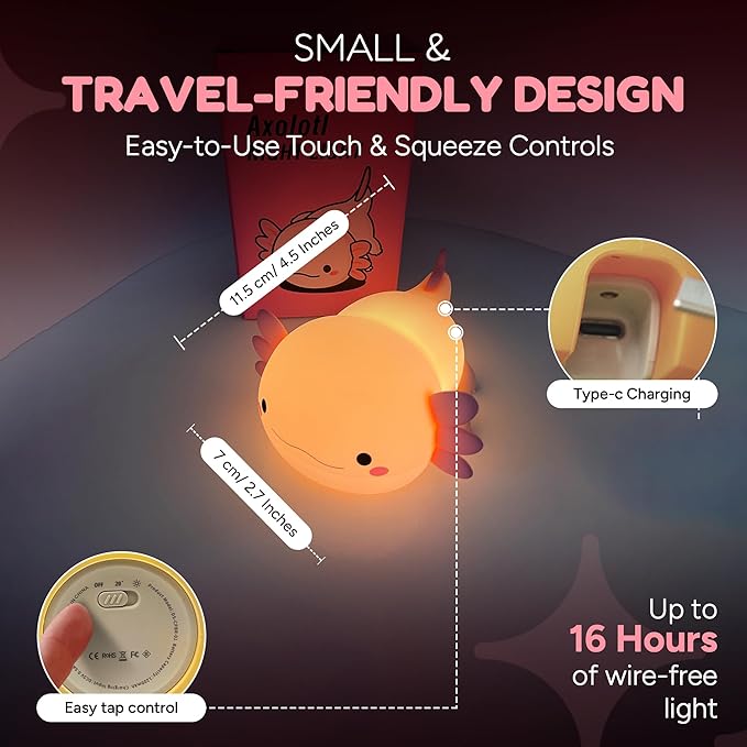 Cute Axolotl Night Light for Kids, Silicone Baby Nursery Night Light, Rechargeable Touch Lamp with Timer & Dimmable Warm Light for Bedroom Decor, Cute Animal Lamp