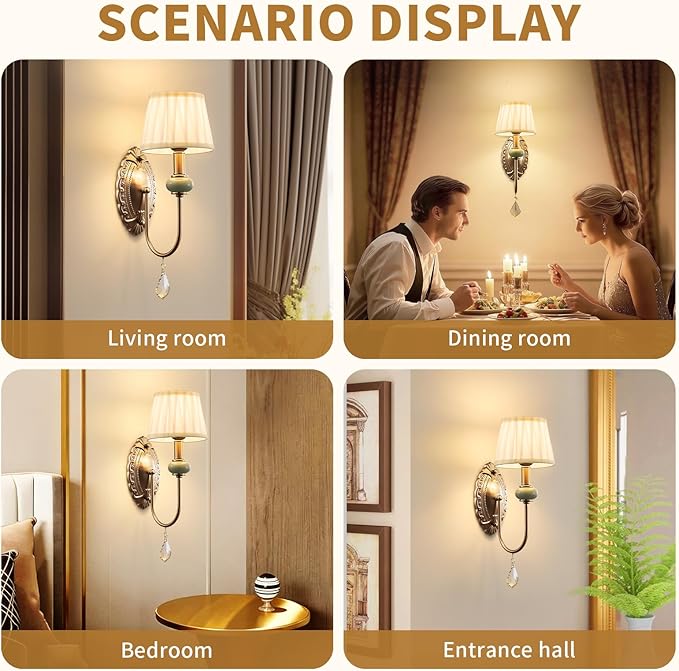 Wireless Battery Operated Antique Brass Wall Sconces Set of 2, 10000mAh Rechargeable Gold Crystal Vintage Fabric Shade Wall Lights with Bulbs & Remotes, RGB Dimmable for Living Room Bedroom Hallway
