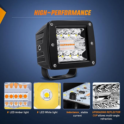 Nilight 2PCS 42W Light Bar 3Inch Cube Pod Light Amber White Strobe 6 Modes Memory Function, Ideal for Fog & Snow Conditions, Off-Road Truck Car ATV Jeep Boat with 16AWG Wiring Harness Kit-2 Leads