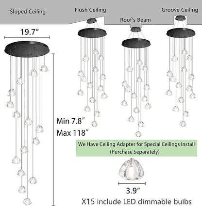 HAIXIANG LED Glam Chandelier 118 inches Long Light Luxury Crystal Ceiling Chandeliers Remote Dimmable High Ceiling Pendants Lighting Fixtures Black 15 Lights