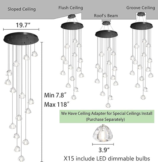 HAIXIANG LED Glam Chandelier 118 inches Long Light Luxury Crystal Ceiling Chandeliers Remote Dimmable High Ceiling Pendants Lighting Fixtures Black 15 Lights