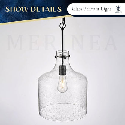 12" Black Seeded Glass Pendant Light Modern Hanging Ceiling Light for Kitchen Island Dining Room Hallway Farmhouse Hand-Blown Bubble Glass Lighting, E26 Socket