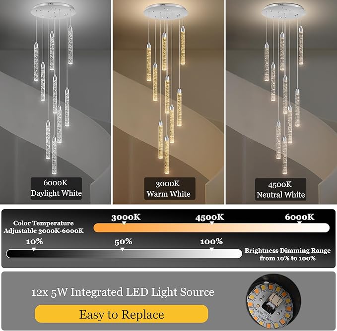 Crystal Staircase Chandelier, Modern Chrome Spiral Dimmable LED Cluster Raindrop Foyer Chandelier Lighting, Bubble Living Room Hanging Light Fixture 9 Light Remote Control