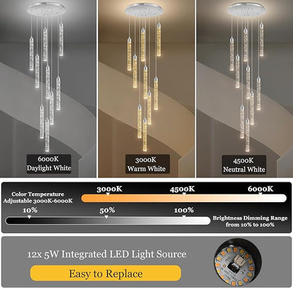 Crystal Staircase Chandelier, Modern Chrome Spiral Dimmable LED Cluster Raindrop Foyer Chandelier Lighting, Bubble Living Room Hanging Light Fixture 9 Light Remote Control
