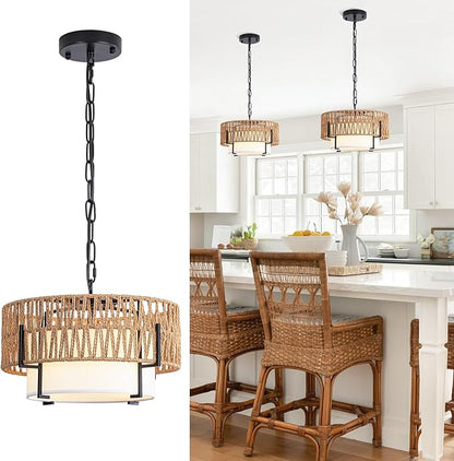 Rattan Pendant Light, 12.6" Boho Chandelier with Fabric Shade, Farmhouse Hanging Light Fixture Chandelier for Dining Room, Living Room, Bedroom, Kitchen Island, Foyer, Hallway