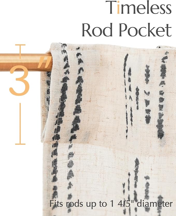 jinchan Boho Kitchen Curtains Linen Cafe Tier Curtains 45 Inch Bohemian Geometric Striped Mudcloth Small Window Drapes for Living Room Bathroom Cabinet Light Filtering Back Tab 2 Panels Black on Flax