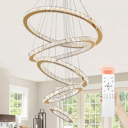 Modern Crystal Chandelier Dimmable 5 Rings LED Gold Chandelier Linear Chandelier Dining Room Light Fixture with Remote for Entryway, Bedroom,Living Room and Foyer