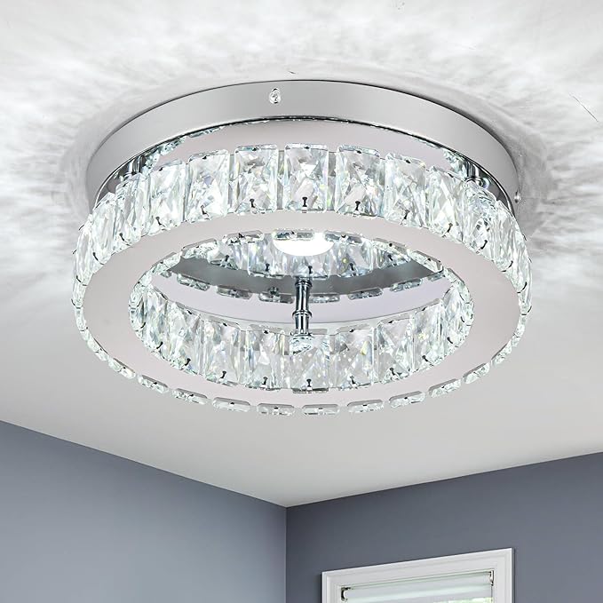 HOPGGIE 11.8“ Mini Crystal Chandelier LED Ceiling Light Flush Mount Ceiling Light Fixtures Modern Chandelier Lighting for Kitchen Closet Hallway Bedroom Foyer Laundry Room (Cool white-11.8")