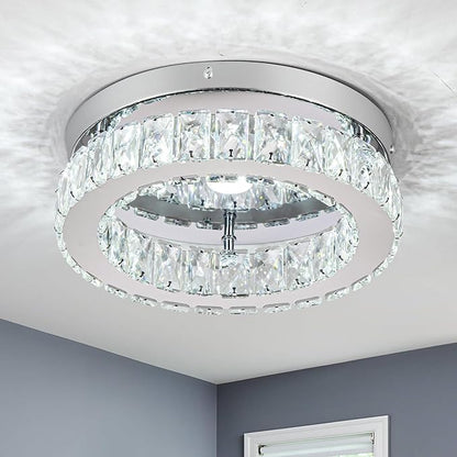 HOPGGIE 11.8“ Mini Crystal Chandelier LED Ceiling Light Flush Mount Ceiling Light Fixtures Modern Chandelier Lighting for Kitchen Closet Hallway Bedroom Foyer Laundry Room (Cool white-11.8")