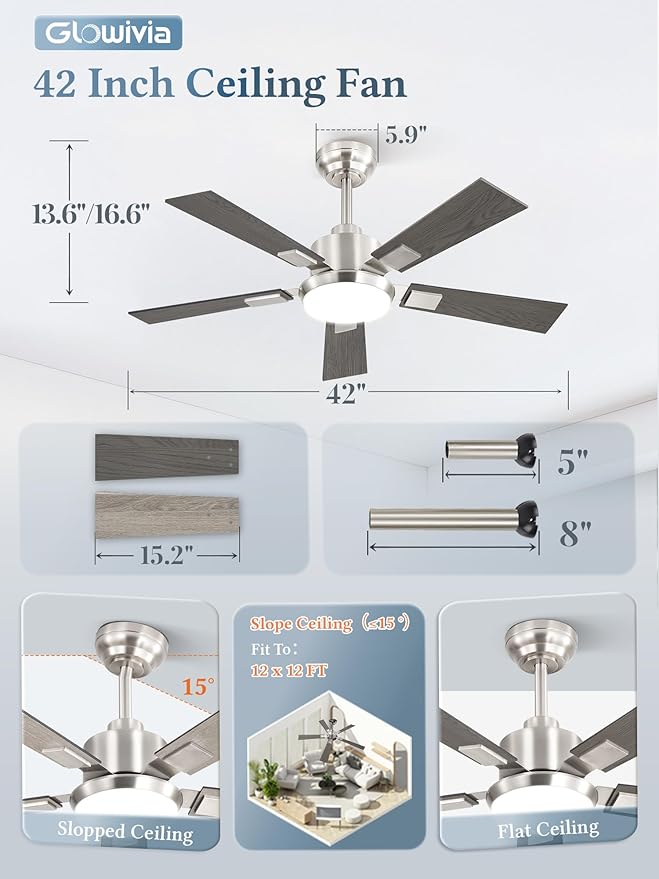 42 Inch Ceiling Fans with Lights and Remote&APP Control, Brushed Nickel Smart Ceiling Fan with 3000-6000K Dimmable, 6 Speeds Reversible, Indoor/Outdoor Ceiling Fan for Bedroom Living Room