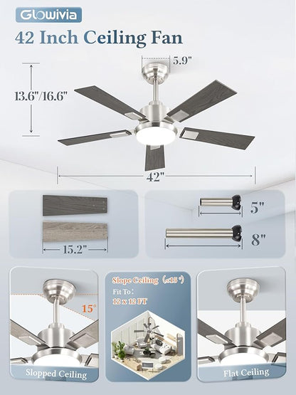 42 Inch Ceiling Fans with Lights and Remote&APP Control, Brushed Nickel Smart Ceiling Fan with 3000-6000K Dimmable, 6 Speeds Reversible, Indoor/Outdoor Ceiling Fan for Bedroom Living Room