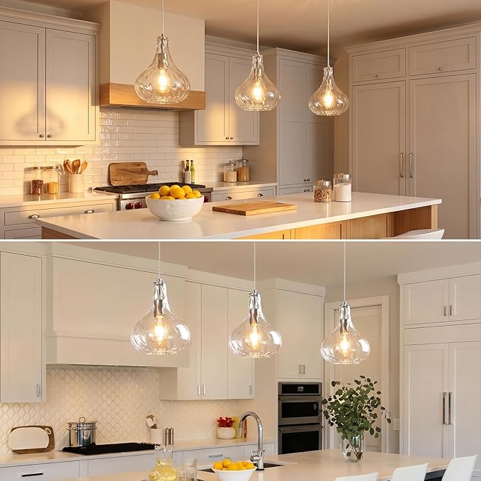 Modern Glass Pendant Light 9.44 in Clear Hammered Glass Shade Brushed Nickel Farmhouse Island Pendant Lights for Kitchen Pendant Lighting Over Sink Bedroom Dining Room