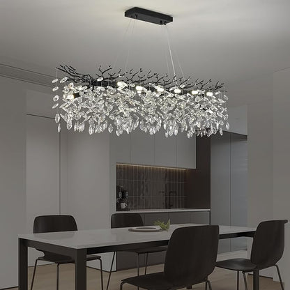 Modern Crystal Tree Branch Chandelier L40'', Black Linear Rectangle Art Deco Pendant Light Raindrop Lighting Fixture for Dining Room Kitchen Island 10 Lights