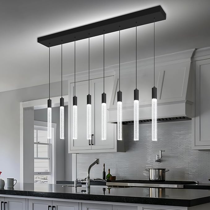 8-Light Black Rectangular Crystal Chandelier Modern LED Dimmable Crystal Column Pendant Lighting for High Ceiling Kitchen Island Entryway Living Room