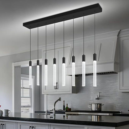 8-Light Black Rectangular Crystal Chandelier Modern LED Dimmable Crystal Column Pendant Lighting for High Ceiling Kitchen Island Entryway Living Room