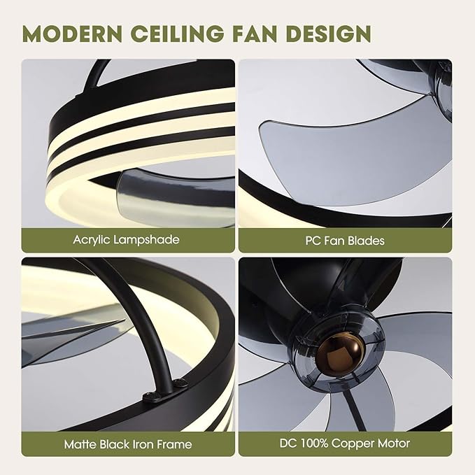 LUDOMIDE Ceiling Fans with Lights, 360° Rotating Ceiling Fan with Lights and Remote, 6 Wind Speeds Smart Low Profile Ceiling Fan for Bedroom, Kids Room and Living Room 20"