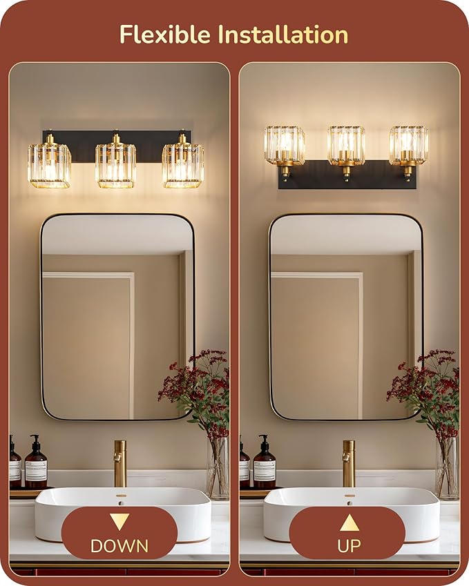 EDISHINE Modern Crystal Bathroom Vanity Light, 3-Lights Bathroom Light Fixtures Over Mirror, Black and Gold Vanity Light for Bathroom, Powder Room, Brass Wall Light Fixtures, E26 Base