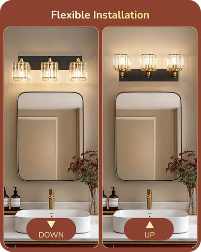 EDISHINE Modern Crystal Bathroom Vanity Light, 3-Lights Bathroom Light Fixtures Over Mirror, Black and Gold Vanity Light for Bathroom, Powder Room, Brass Wall Light Fixtures, E26 Base