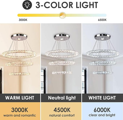 Modern Chandeliers Crystal Ceiling Light 3 Rings Dimmable LED Pendant Light Fixture Ceiling Hanging for Living Room Dining Room Bedroom Kitchen 250mm Base 209 Crystals(Dimmable)