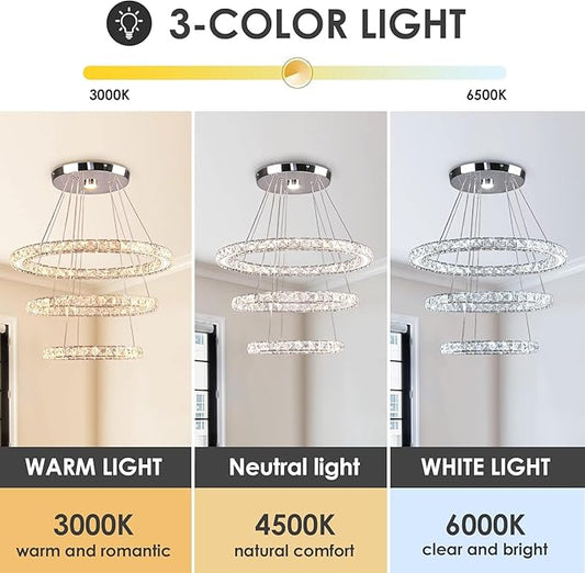 Modern Chandeliers Crystal Ceiling Light 3 Rings Dimmable LED Pendant Light Fixture Ceiling Hanging for Living Room Dining Room Bedroom Kitchen 250mm Base 209 Crystals(Dimmable)