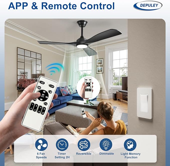 Depuley 52-Inch Ceiling Fan with Light: Black 3 Blade Outdoor Fans for Patios - Dimmable Indoor Fan with Remote Control Living Room Fandelier Ceiling Fans Ultra Quiet DC Motor Reversible 6 Speed Timer