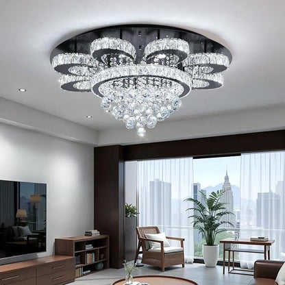HAIXIANG Modern Chandelier Living Room Glam Chandeliers Ceiling Light Fixture Remote Dimmable Lights 32 Inches Luxury Crystal Black Light