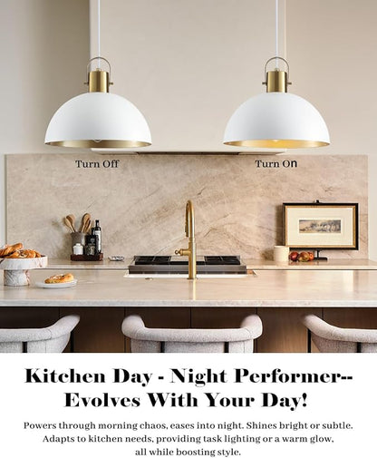 White and Gold Pendant Light 2 Pack, 11.8 Inch Pendant Lights Kitchen Island, Dome Pendant Lights, Farmhouse Pendant Light for Kitchen Island, Dining Room, Living Room