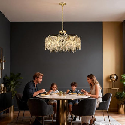 10 Lights Modern Gold Crystal Chandeliers for Dining Room Light Fixture | D28 Round Crystal Chandelier Over Table | Hanging Lighting for Living Room Kitchen Island Bedroom Bathroom
