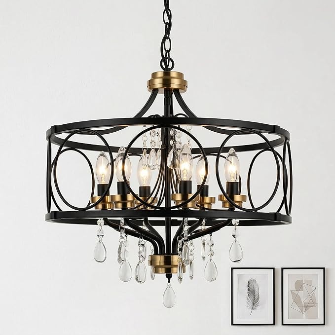 Modern Chandelier Black Metal Crystal Hanging Light 6 Light Dining Room Pendant Lighting Fixture for Farmhouse Bedroom Living Room Kitchen Entryway E12 Bulbs Not Included