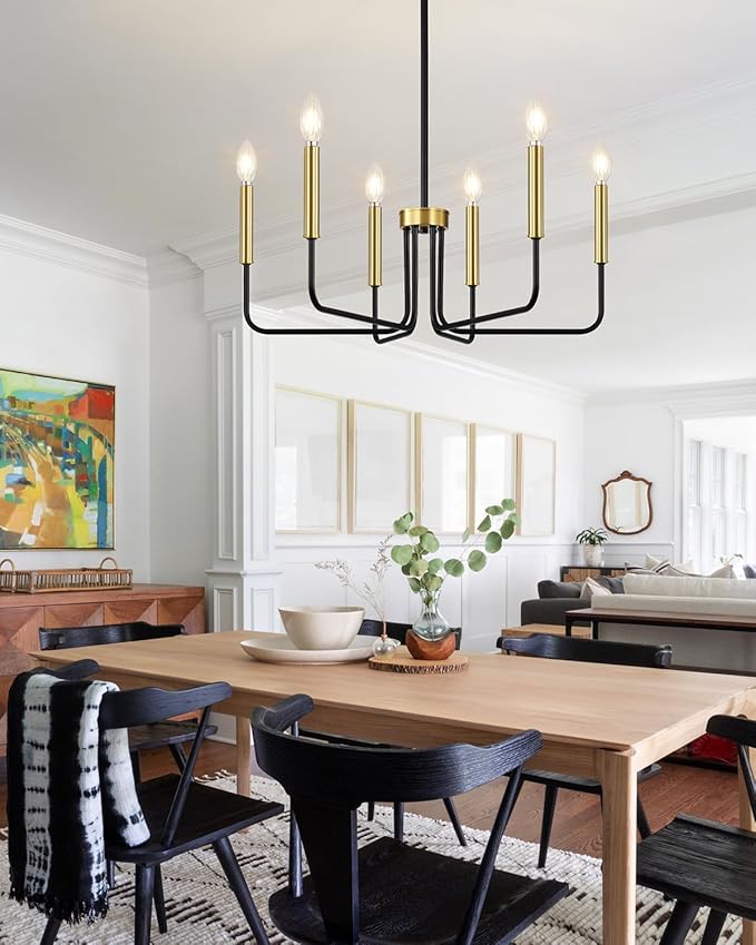 Yunnix Black and Gold Chandelier 6-Light Modern Pendant Hanging Light Fixture for Dining Room, Bedroom Pendant Ceiling, Foyer Entryway, Kitchen Island