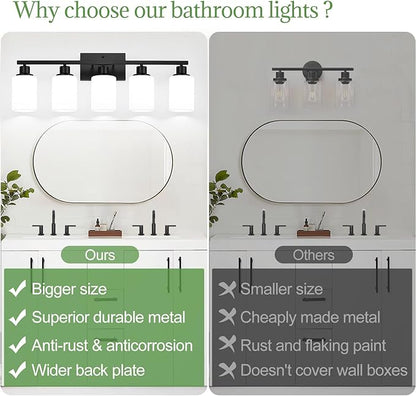 Indoi 5-Light Black Bathroom Vanity Light Fixture with Milky White Frosted Glass Shades, Bathroom Light Fixture for Mirror, Matte Finish, Reversible Up/Down Lighting for Bedroom, Living Room, Hallway