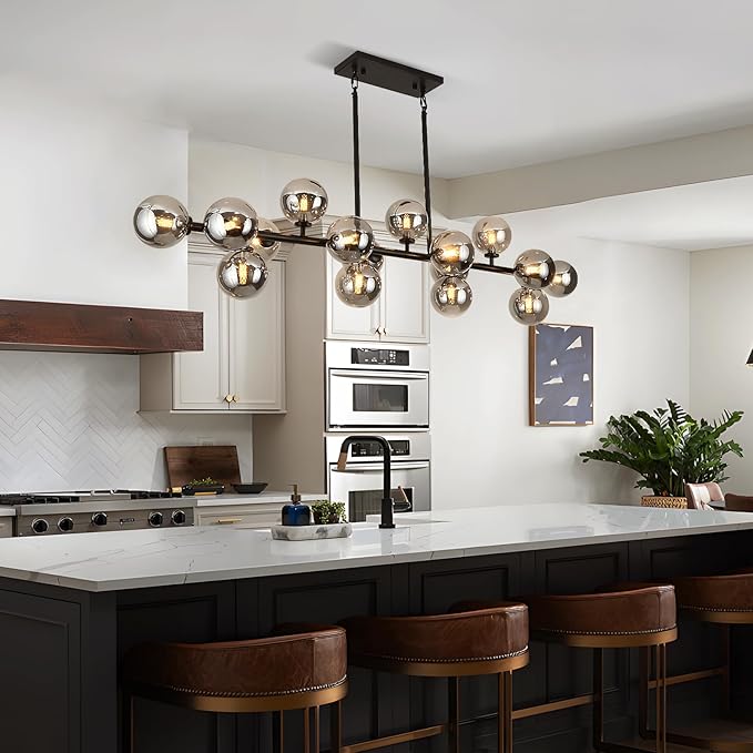 Mid Century Modern Chandelier 55in Linear Bubble Chandeliers 16-Light Black & Gray Sputnik Pendant Lighting Fixture for Dining Room Kitchen Island