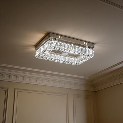 Finktonglan Modern Crystal Flush Mount Ceiling Light, 11.8" Rectangular LED Ceiling Fixture with Multi-Faceted Crystal Prisms, Cool White, 18W Low Profile for Bedroom Hallway Entryway