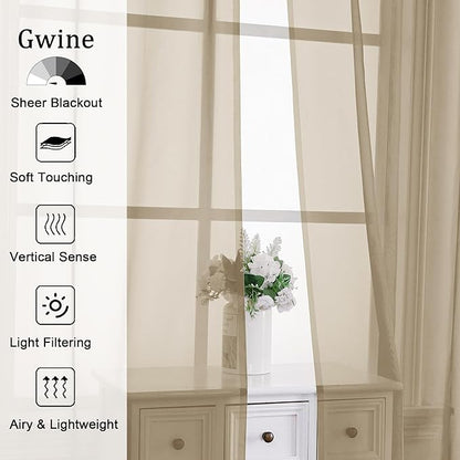 Gwine Taupe Sheer Curtains 90 Inches Long 2 Panels Set, Light Filtering Solid Filmy Drapes for Living Room Bedroom, Elegant Soft Rod Pocket Voile Sheer Window Curtains, 42Wx90L Inch, 2PCS, Taupe