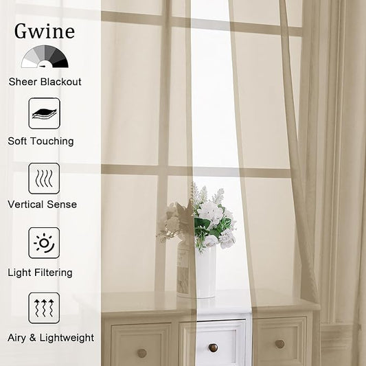 Gwine Taupe Sheer Curtains 90 Inches Long 2 Panels Set, Light Filtering Solid Filmy Drapes for Living Room Bedroom, Elegant Soft Rod Pocket Voile Sheer Window Curtains, 42Wx90L Inch, 2PCS, Taupe