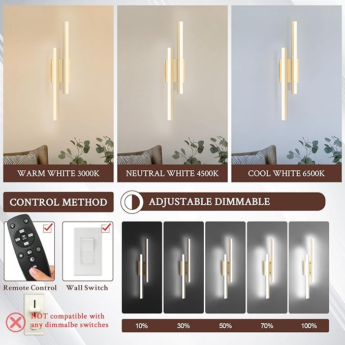 LED Wall Sconce Gold Modern Remote Wall Light Fixtures for Living Room, Dimmable LED Vanity Light Indoor Remote Wall Sconce for Bedside Bedroom Bathroom Dining Room, 23.6inch 1 Pack