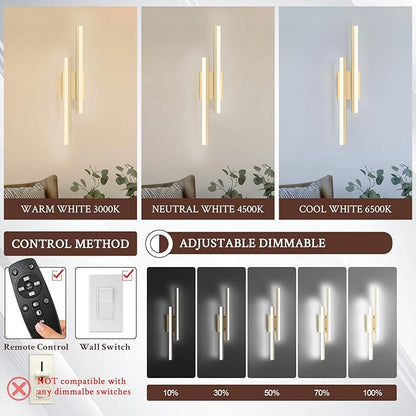 LED Wall Sconce Gold Modern Remote Wall Light Fixtures for Living Room, Dimmable LED Vanity Light Indoor Remote Wall Sconce for Bedside Bedroom Bathroom Dining Room, 23.6inch 1 Pack