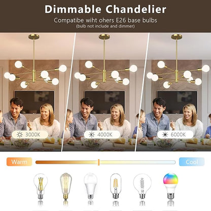 Gold Modern Sputnik Chandelier 8-Lights Mid Century Chandeliers Flush Mount Sputnik Lights Fixture for Dining Room, Living Room,Kitchen Island Height Adjustable (Bulbs Not Included)