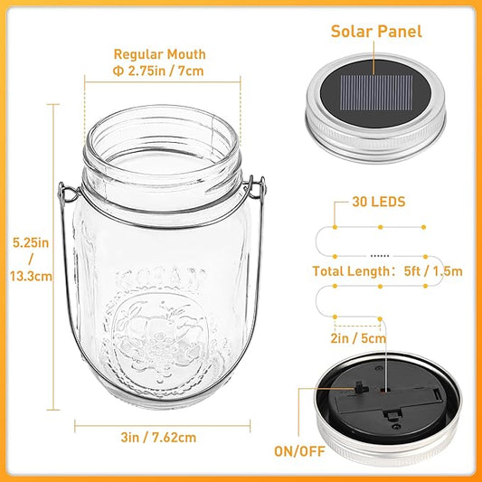 GIGALUMI Solar Mason Jar Lights, 12 Pack 30 Led String Fairy Lights Garden Lights Outdoor Waterproof Metal Lid Hanging Solar Lanterns for Outdoor, Garden, Patio, Lawn, Balcony Decoration