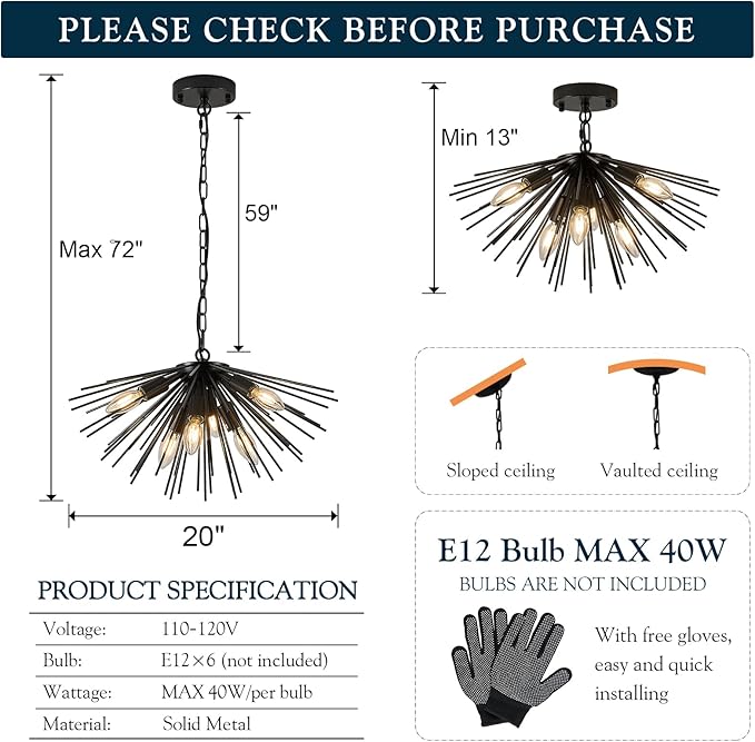 Black Sputnik Ceiling Light, 6-Light Starburst Chandelier Ceiling Lights Mid Century Modern Satellite Flush Mount Light Solid Metal for Entry Kitchen Sink Dining Room
