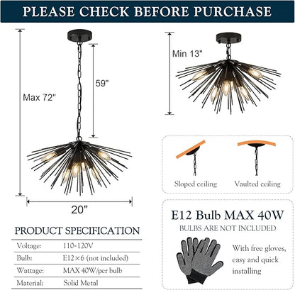 Black Sputnik Ceiling Light, 6-Light Starburst Chandelier Ceiling Lights Mid Century Modern Satellite Flush Mount Light Solid Metal for Entry Kitchen Sink Dining Room