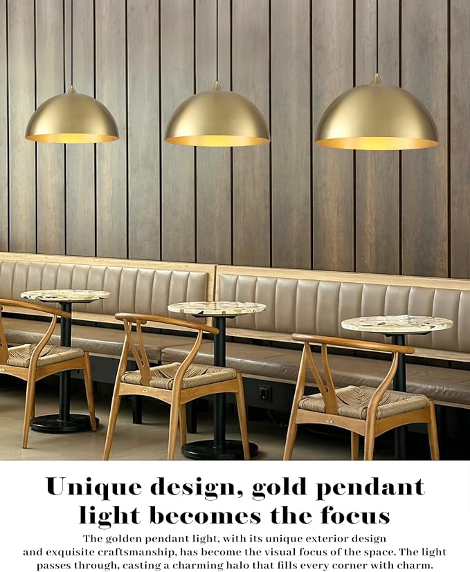 Gold Pendant Lights Kitchen Island, 16 Inch Large Pendant Light, Gold Dome Pendant Light, Industrial Farmhouse Pendant Lights for Kitchen Island, Dining Room, Cafe, Bar, 2 Pcs