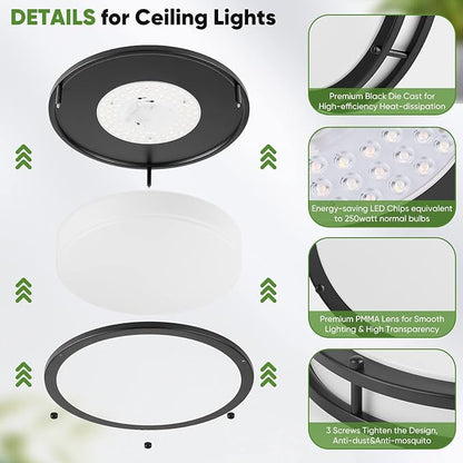 2-Pack 36W LED Ceiling Lights Black, 13inch Flush Mount Light Fixtures 3600LM 2700K/3000K/4000K/5000K/6500K Color Changing Ceiling Lights, Modern Dimmable Lighting for Kitchen Living Room Bedroom