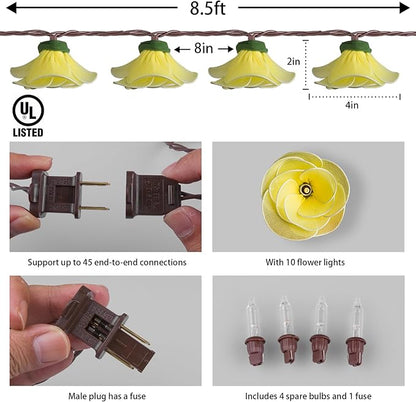 Flower String Lights Plug in with 10 LED Bulbs, Decorative Spring String Lights Indoor for Bedroom, Connectable Flower Fairy Lights Outdoor for Patio Garden Porch Floral Wedding Gifts(Yellow Rose)