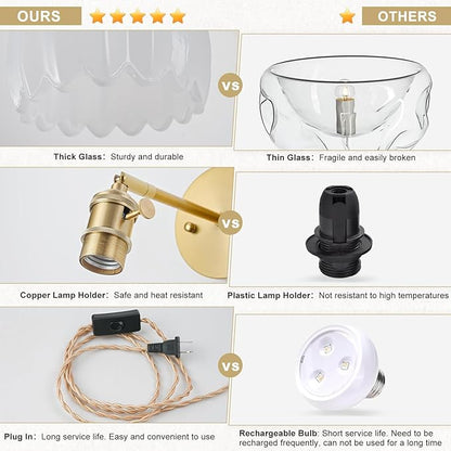 Plug in Wall Sconces Set of 2, Vintage Wall Sconce Light with Tulip Milk White Glass Lampshade, Bedroom Wall Sconce with Switch and Plug in wall lamp Cord, Gold Wall Light Wall Decor Set of 2