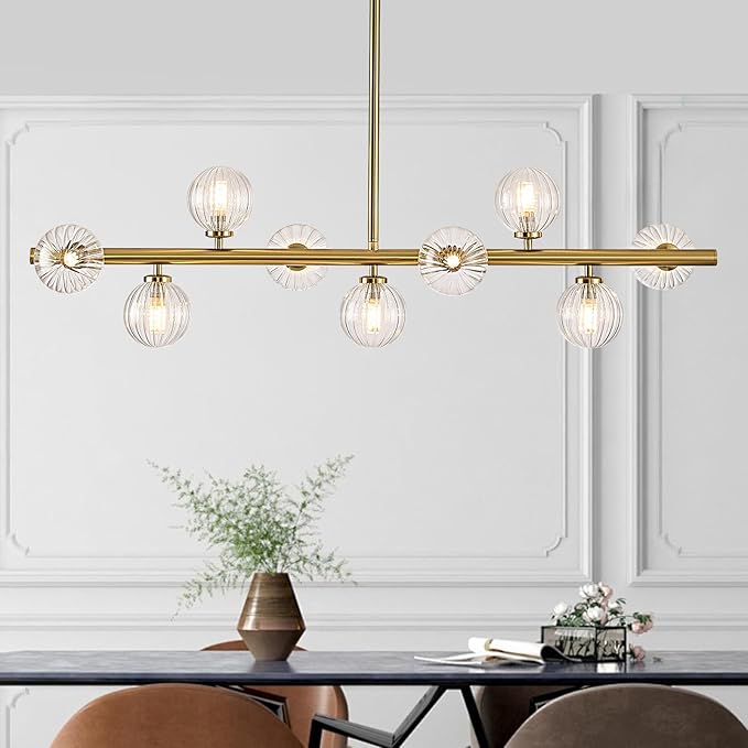 Mid Century Modern Glass Globe Sputnik Chandelier, 9-Light Linear Chandeliers for Dining Room, Kitchen Island, Living, Dining Light Fixture Over Table, Brass Gold and Clear Bubble, 40 Inch