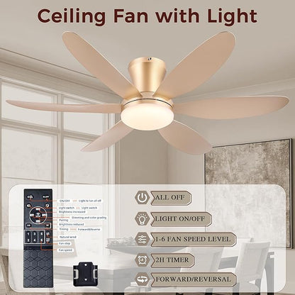 GJeg Ceiling Fans with Lights,42" Low Profile Ceiling Fan with Light and Remote Control,Flush Mount, Reversible, Dimmable, Noiseless,Gold Ceiling Fan for Bedroom