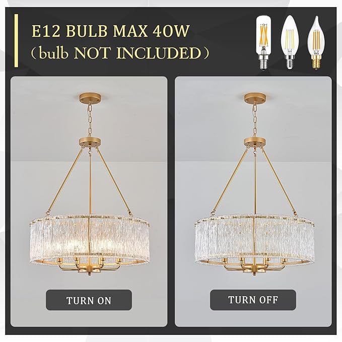 CATINER Gold Drum Chandelier 24.4" Modern Crystal Glass Chandeliers Luxury 8-Light Pendant Ceiling Chandelier Lighting for Dining Room Foyer Living Room Bedroom