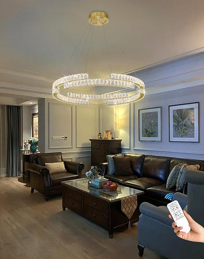 D24'' Modern Gold Crystal Ring Chandeliers for Living Room Dinning Room Crystal Pendant Light Dimmable 3000k-6000k