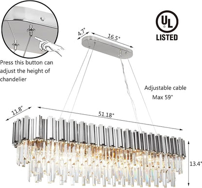 Rectangle Chrome Crystal Chandelier for Dining Room L51'' 19-Light Modern Chandeliers Lighting Fixture for Kitchen Island Over Table Linear Large